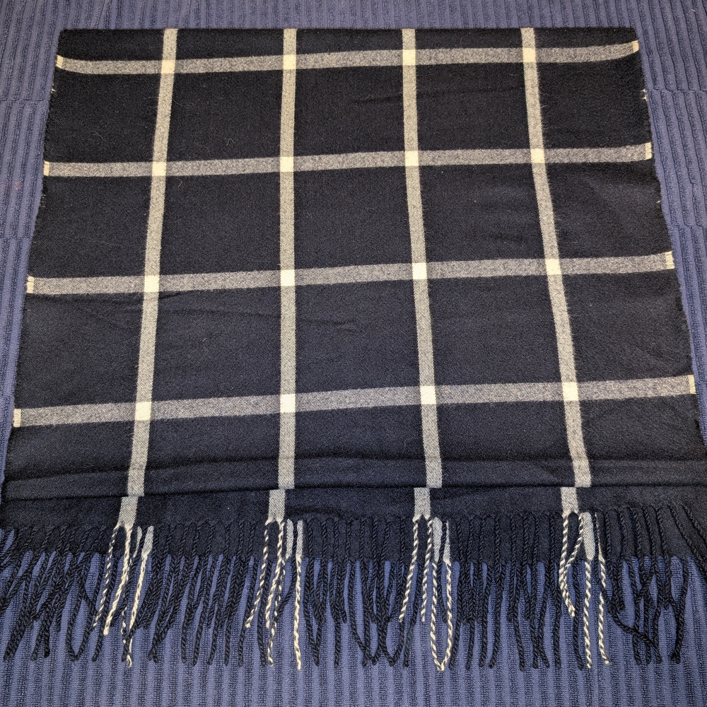 Black and Gray Plaid Scarf with Fringe